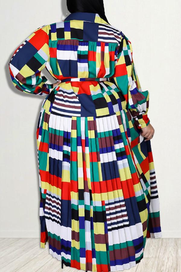 Multicolor Block Print Belt Plus Size Pleated Maxi Dress