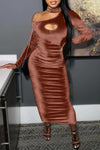 Solid Color One Shoulder Chest Hollow Velvet Maxi Dress