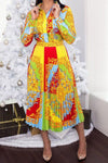 Luxury Colorful Pattern Printed Pleated Midi Dress