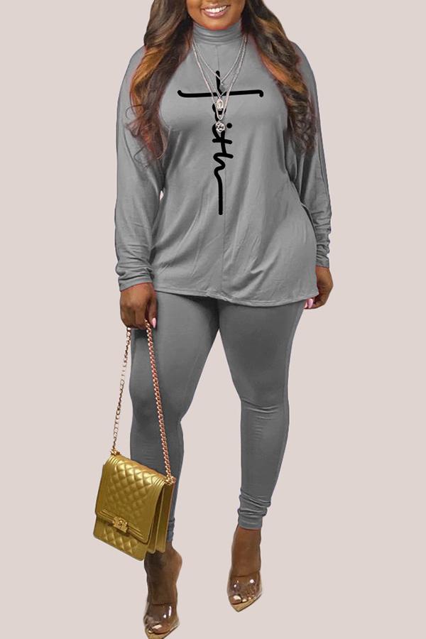 Comfortable High Neck Printed Long Sleeved Plus Size Pant Suits