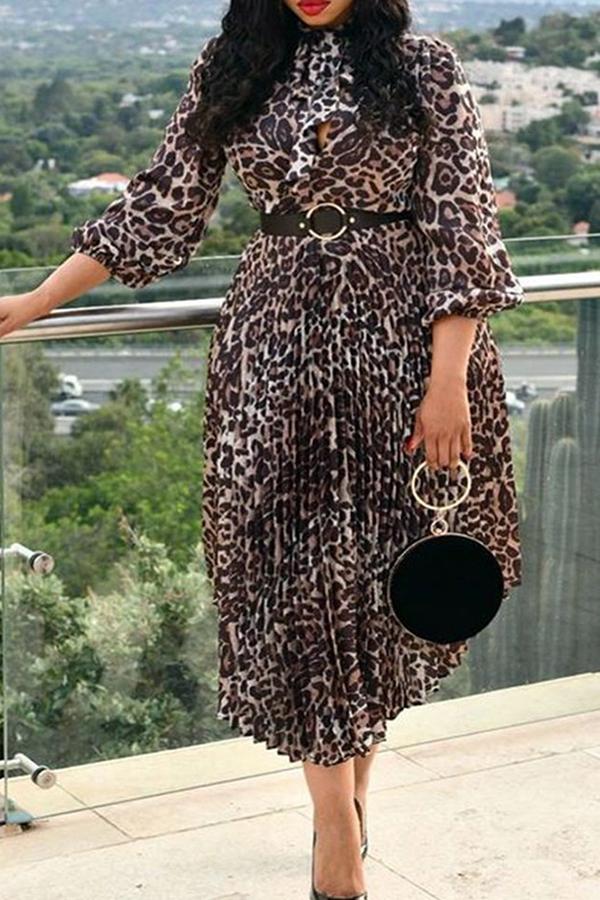 Leopard Print Half Sleeve Pleated Midi Dresses