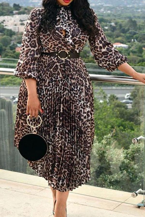 Leopard Print Half Sleeve Pleated Midi Dresses
