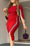 Elegant Round Neck Solid Color Split Fringe Midi Dresses