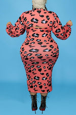 Leopard Print Puff Sleeve Plus Size Suspender Dress Suit