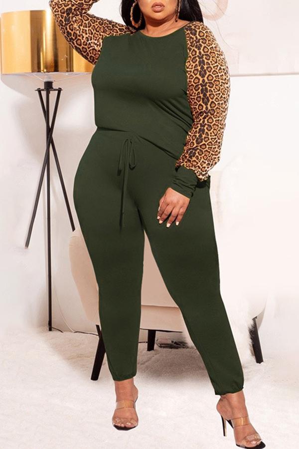 Leopard Print Raglan Sleeves Plus Size Two Piece Pant Suits