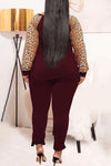 Leopard Print Raglan Sleeves Plus Size Two Piece Pant Suits
