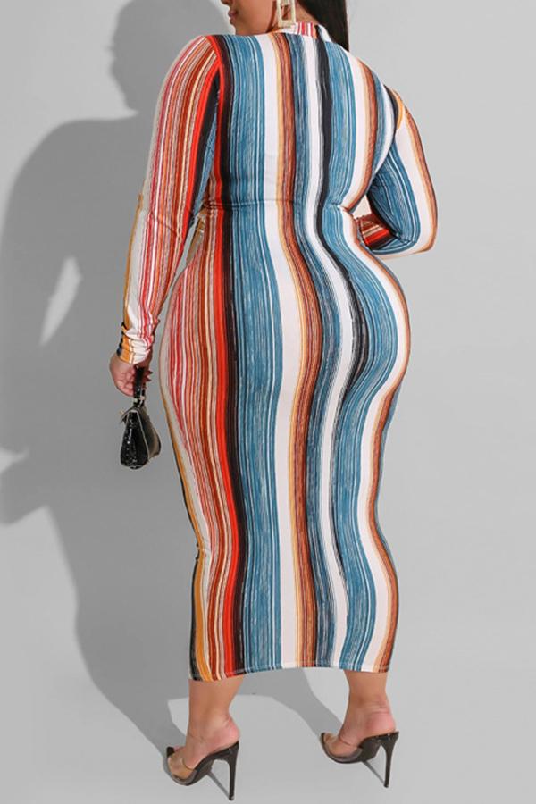 Temperament Plus Size Gradient Striped Lace-up Maxi Dress