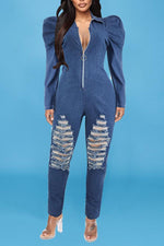Personalized Puff Sleeve Ripped Zipper Jumpsuit