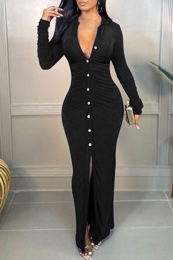 Sexy Single Breasted Long Sleeved Pleated Slit Maxi Dress