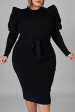Elegant Belt Puff Sleeve Plus Size Midi Dress