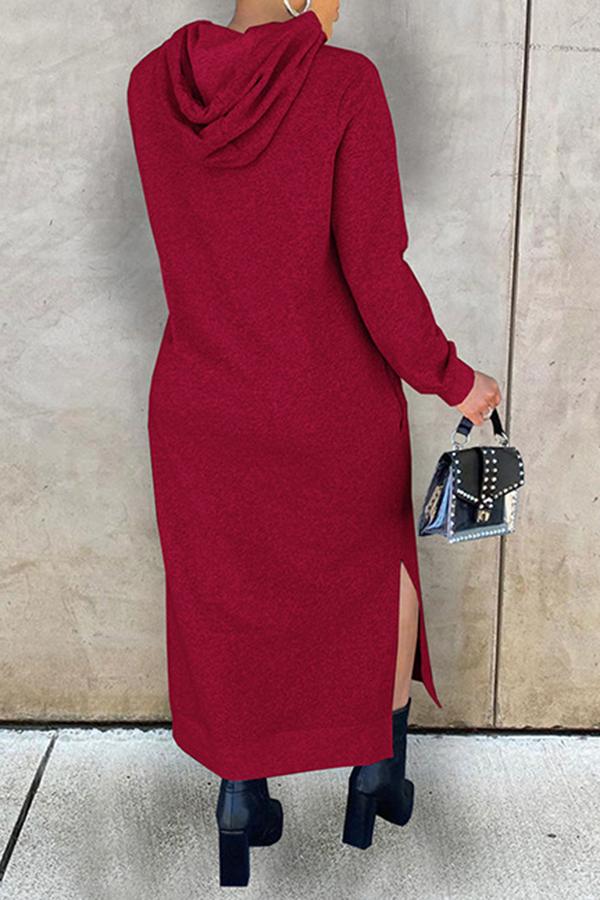 Comfortable Solid Color Slit Hooded Maxi Dress