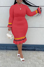 Temperament Plus Size Color Knitted Striped Midi Dress
