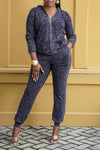 Fashion Imitation Denim Print Zipper Hooded Pant Suits