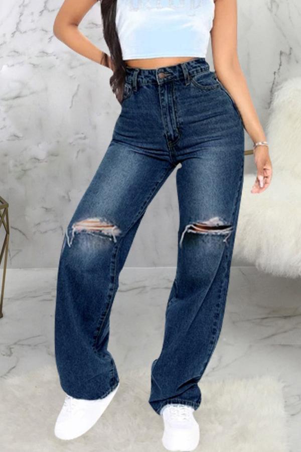 Personality Hole Stretch All Match Straight Leg Jeans