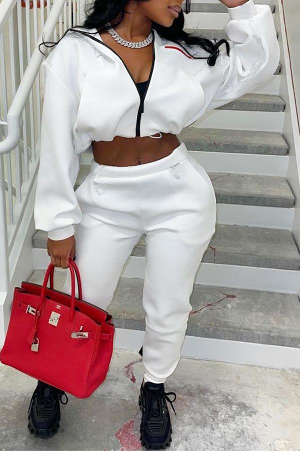 Casual Contrast Zipper Stand Collar Short Top Pant Suits
