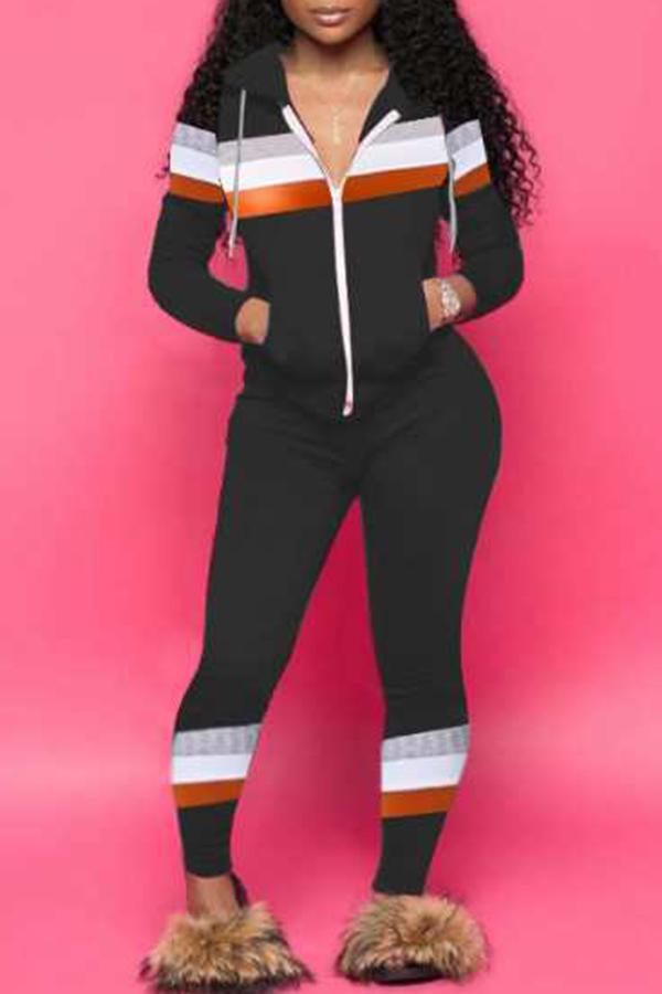 Sports Zipper Color Stripe Stitching Hooded Pant Suits
