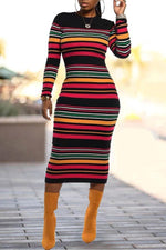 Temperament Color Striped Slim Stretch Maxi Dress