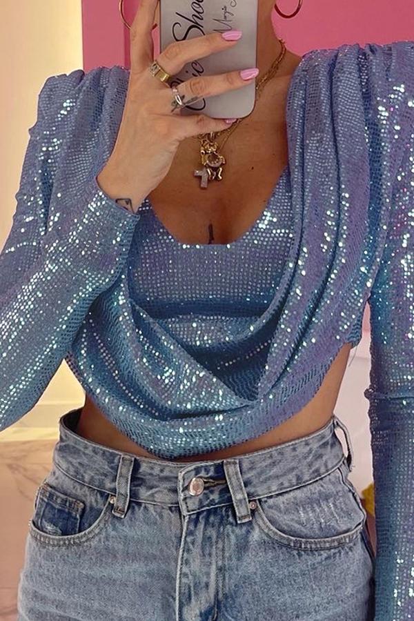Sexy Sequined Long Sleeved Short Blouse