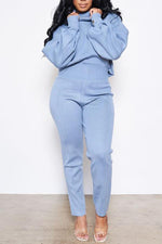 Simple Solid Color High Collar Lantern Sleeve Pant Suits