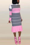 Fashion Pink Stitching Trumpet Sleeve Fishtail Dress Suits