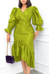 Elegant Solid Color V-neck Puff Sleeve Ruffle Midi Dress