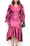 Elegant Solid Color V-neck Puff Sleeve Ruffle Midi Dress