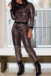 Shiny Round Neck Slim Sequin Long Sleeve Pant Suits