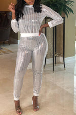 Shiny Round Neck Slim Sequin Long Sleeve Pant Suits