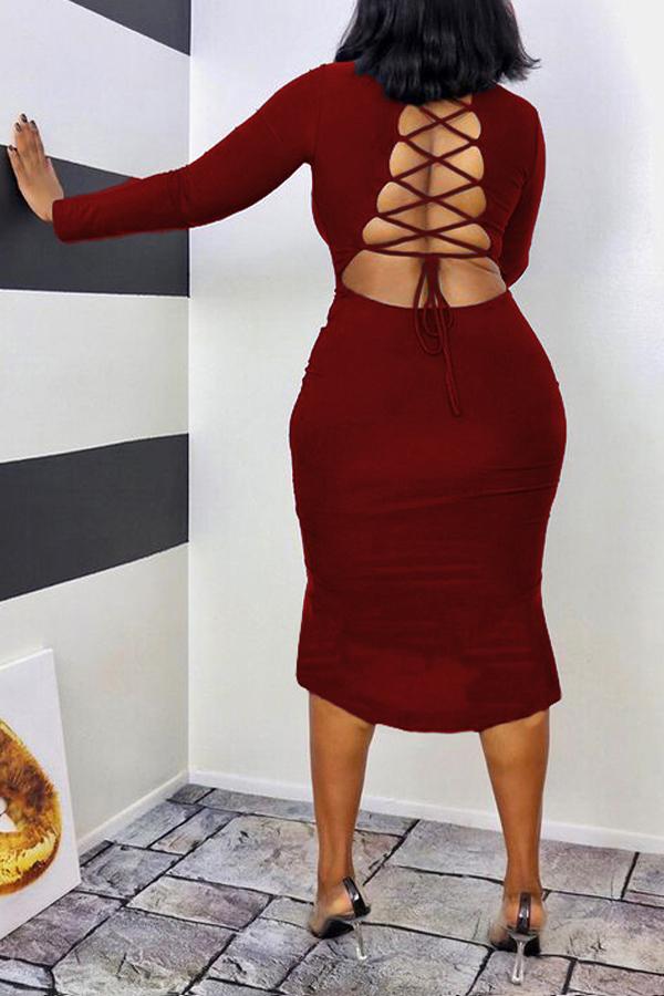 Sexy Backless Lace Up Slim Long Sleeved Midi Dress