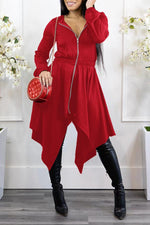 Personalized Irregular Zipper Long Sleeve Hooded Midi Dress