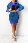 Fashion Denim Stitching Faux Plush Two Piece Skirt Suits