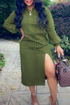 Casual Solid Color Drawstring Slit Hooded Midi Dress