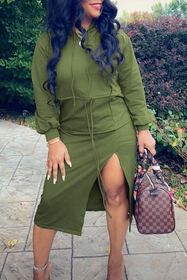 Casual Solid Color Drawstring Slit Hooded Midi Dress