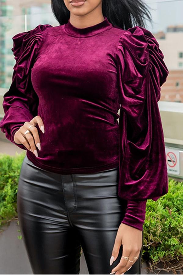 Pretty Velvet Puff Sleeve Solid Color Blouse