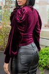 Pretty Velvet Puff Sleeve Solid Color Blouse