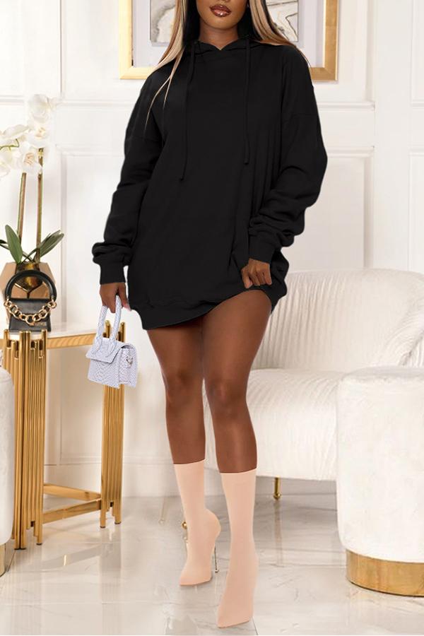 Casual Embroidered Pocket Hooded Mini Dress