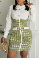 Elegant Tartan Stitching Single Breasted Shirt Collar Mini Dress