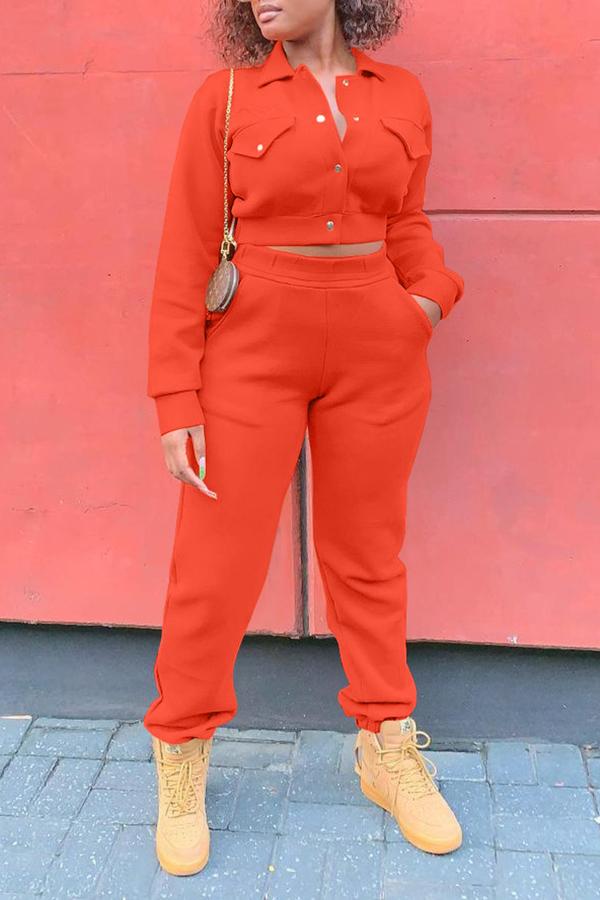 Casual Lapel Pocket Cropped Top Pant Suits