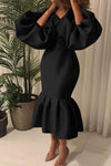Temperament Plus Size V-neck Puff Sleeve Fishtail Maxi Dress