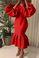 Temperament Plus Size V-neck Puff Sleeve Fishtail Maxi Dress
