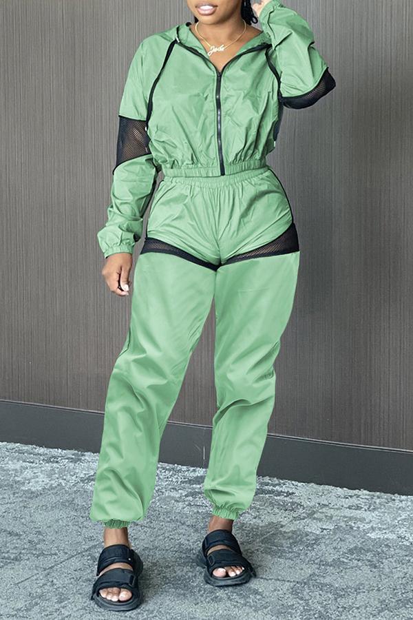 Sports Hooded Mesh Stitching Two Piece Pant Suits