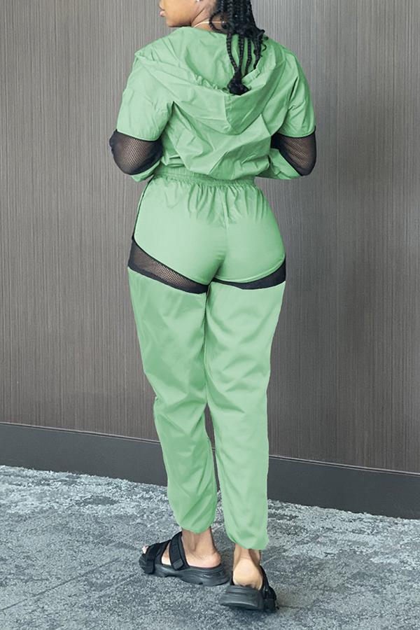 Sports Hooded Mesh Stitching Two Piece Pant Suits