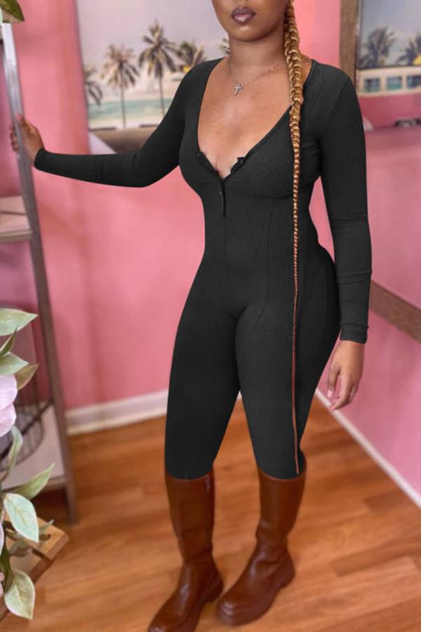 Sexy V-neck Zipper Pit Strip Skinny Solid Color Jumpsuit