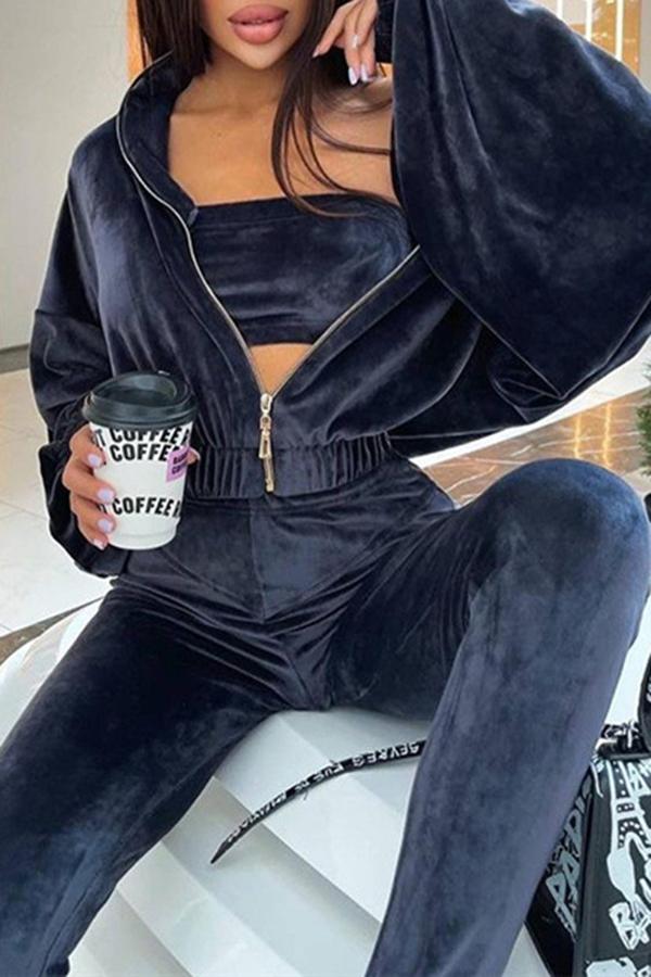 Fashion Stand Up Collar Long Sleeved Velvet Jacket Step On Pant Suits