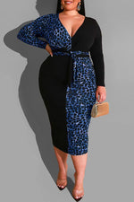 Sexy Leopard Print V Neck Plus Size Long Sleeve Midi Dress 