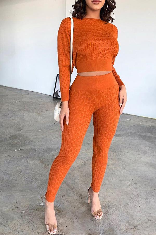 Fashion Round Neck Solid Color Knitted Twist Pant Suits