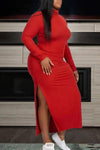 Sexy Plus Size High Neck Fork Opening Long Sleeve Midi Dress