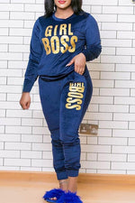 Casual Velvet Letter Printing Plus Size Two Piece Pant Suits