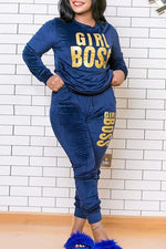 Casual Velvet Letter Printing Plus Size Two Piece Pant Suits