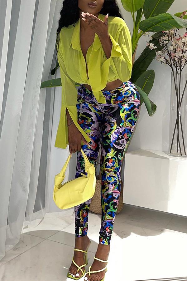 Fashion Long Sleeved Blouse Slim Printed Pant Suits